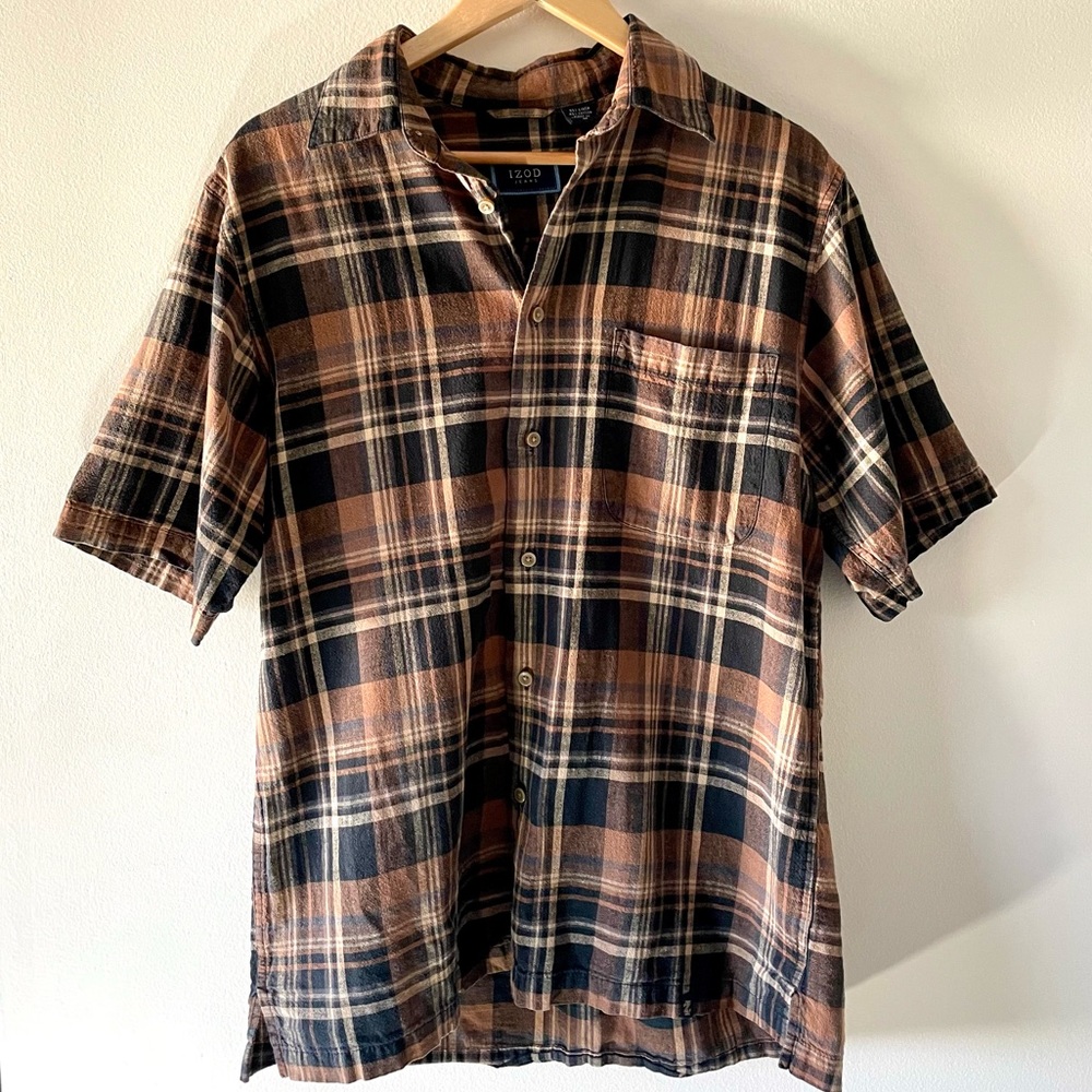 Vintage Izod Plaid Linen Button-Down Short Sleeve Shirt
